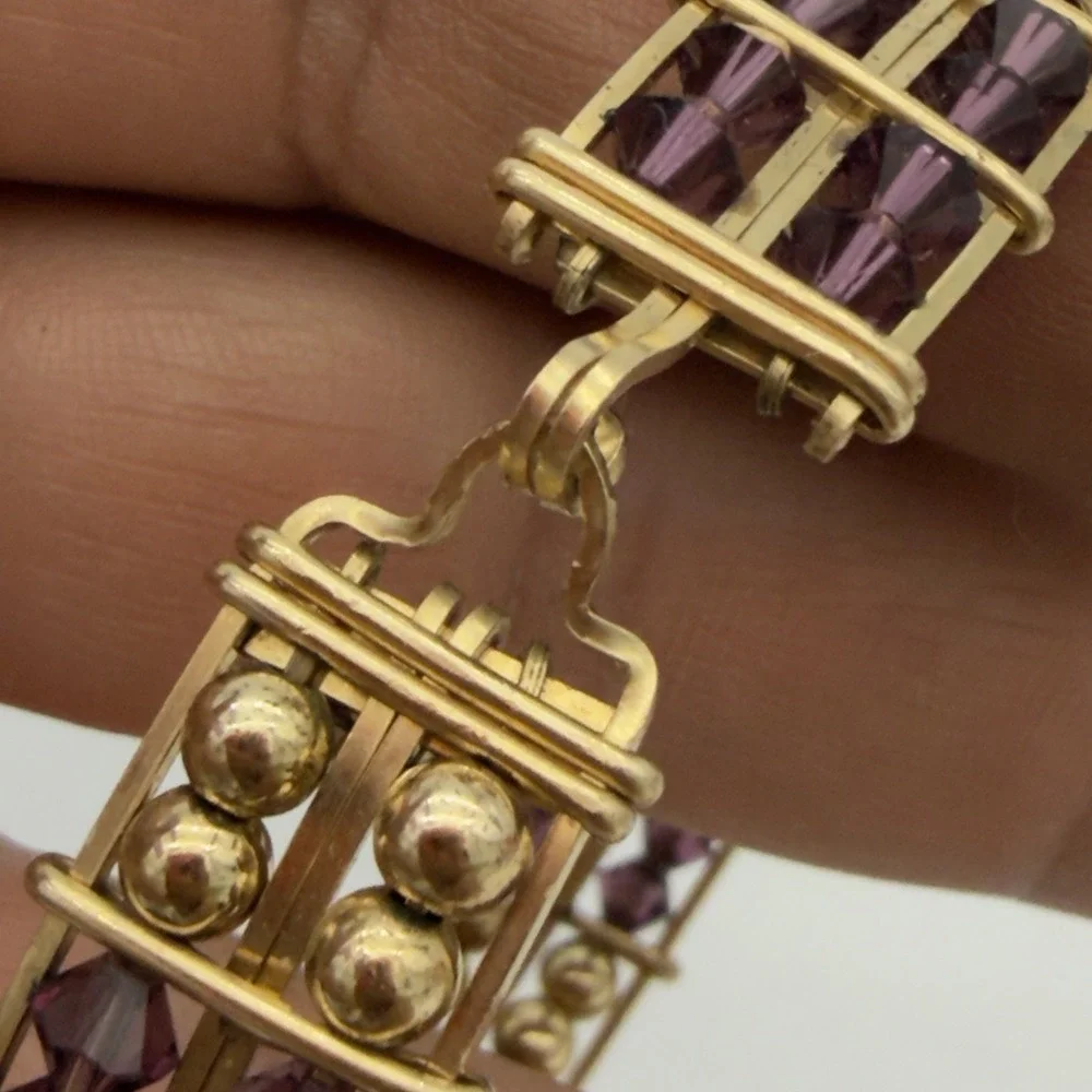Vintage Rolled Gold Wire Wrapped Bracelet Purple Crystal Faux Pearl Beaded Read